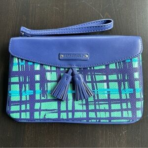 Vera Bradley tassel wristlet, Navy/Teal Art Plaid, two pockets, card holder
